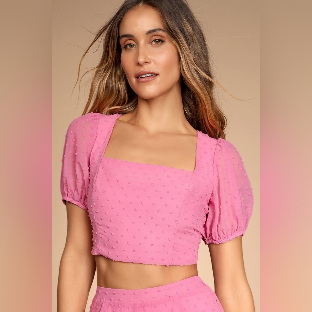 NEW Lulus Beyond Cute Pink Swiss Dot Crop Top Size S